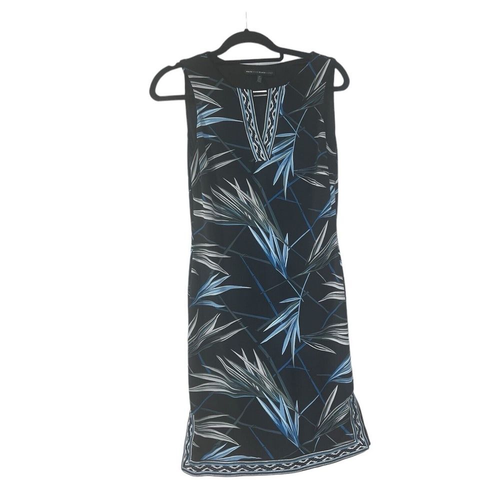 White House Black Market Palm Print Sheath Dress Embroidered Blue Size SP